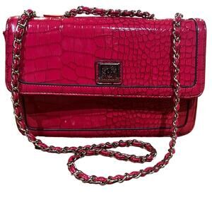 Anne Klein Purse Red Crocodile Patent Handbag Gold accents Chain Handle